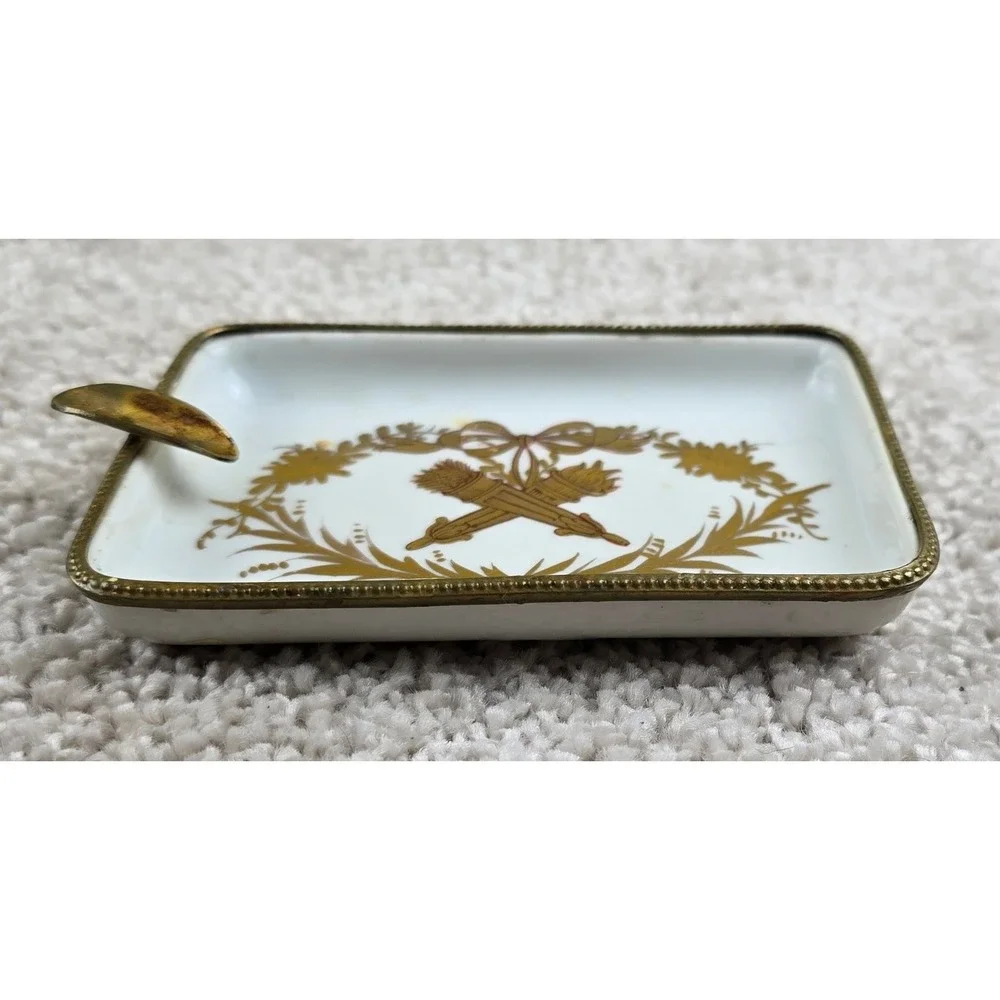 Vintage Paris Style Limoges France Porcelain Ashtray Gold Gilt Brass Trim